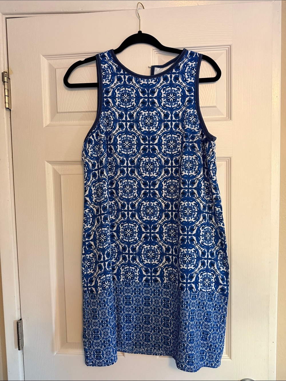 Mud Pie Blue and White Tile-Print Sleeveless Shift Dress
